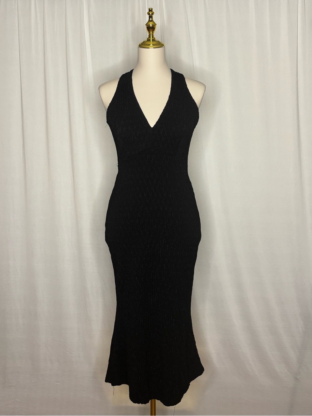 Vintage Black Halter V-Neck Midi Dress